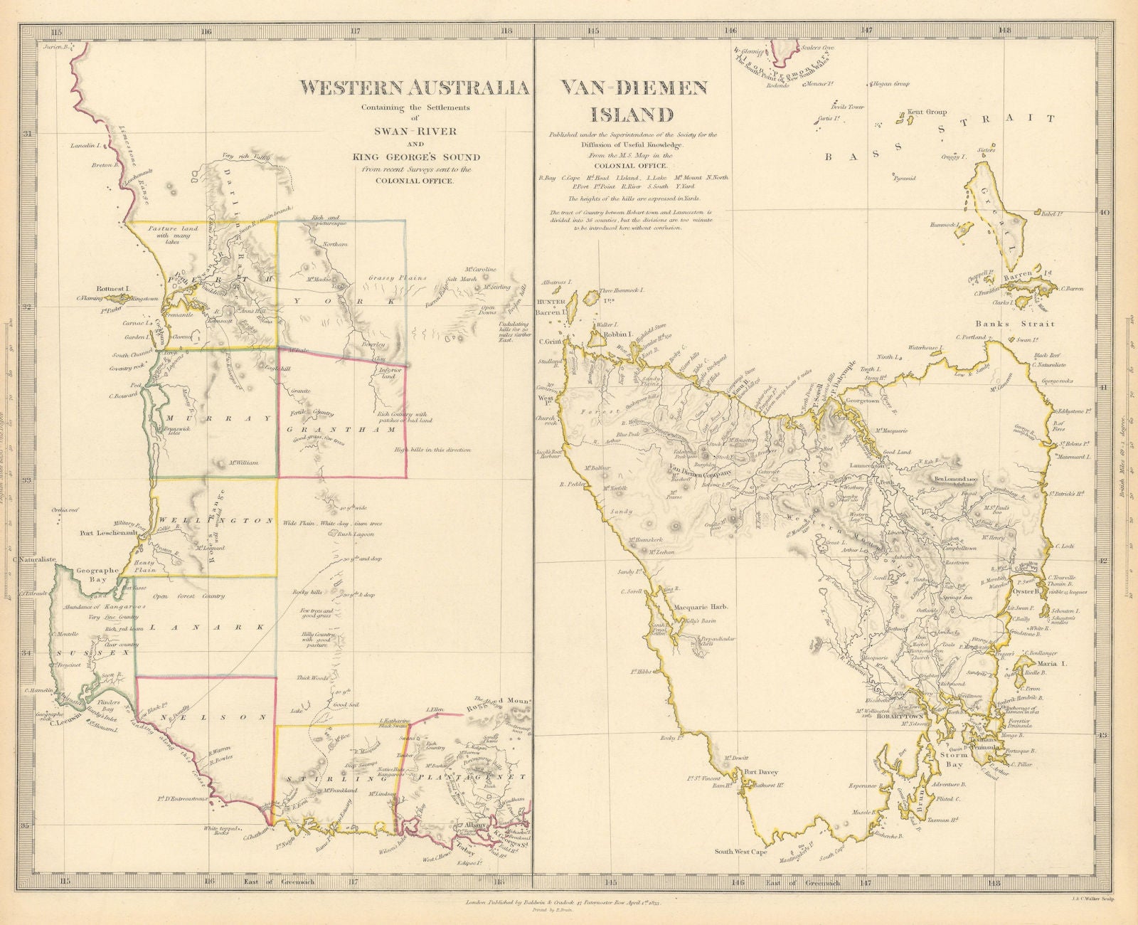 AUSTRALIA. Western Australia & Van Diemen's Land (Tasmania) . SDUK 1844 map